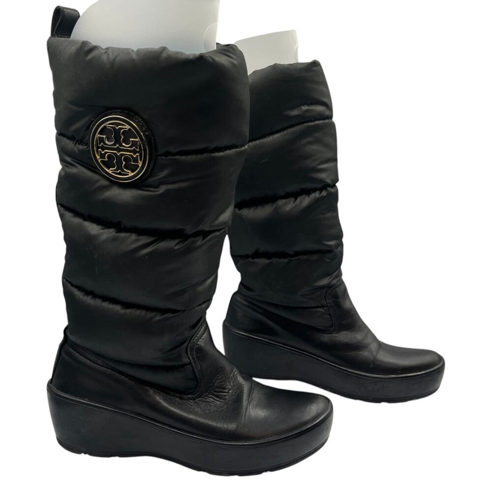 Tory Burch Puffer Snow Boots Double-T Logo Quilted Nylon Wedge Winter Black Sz 6